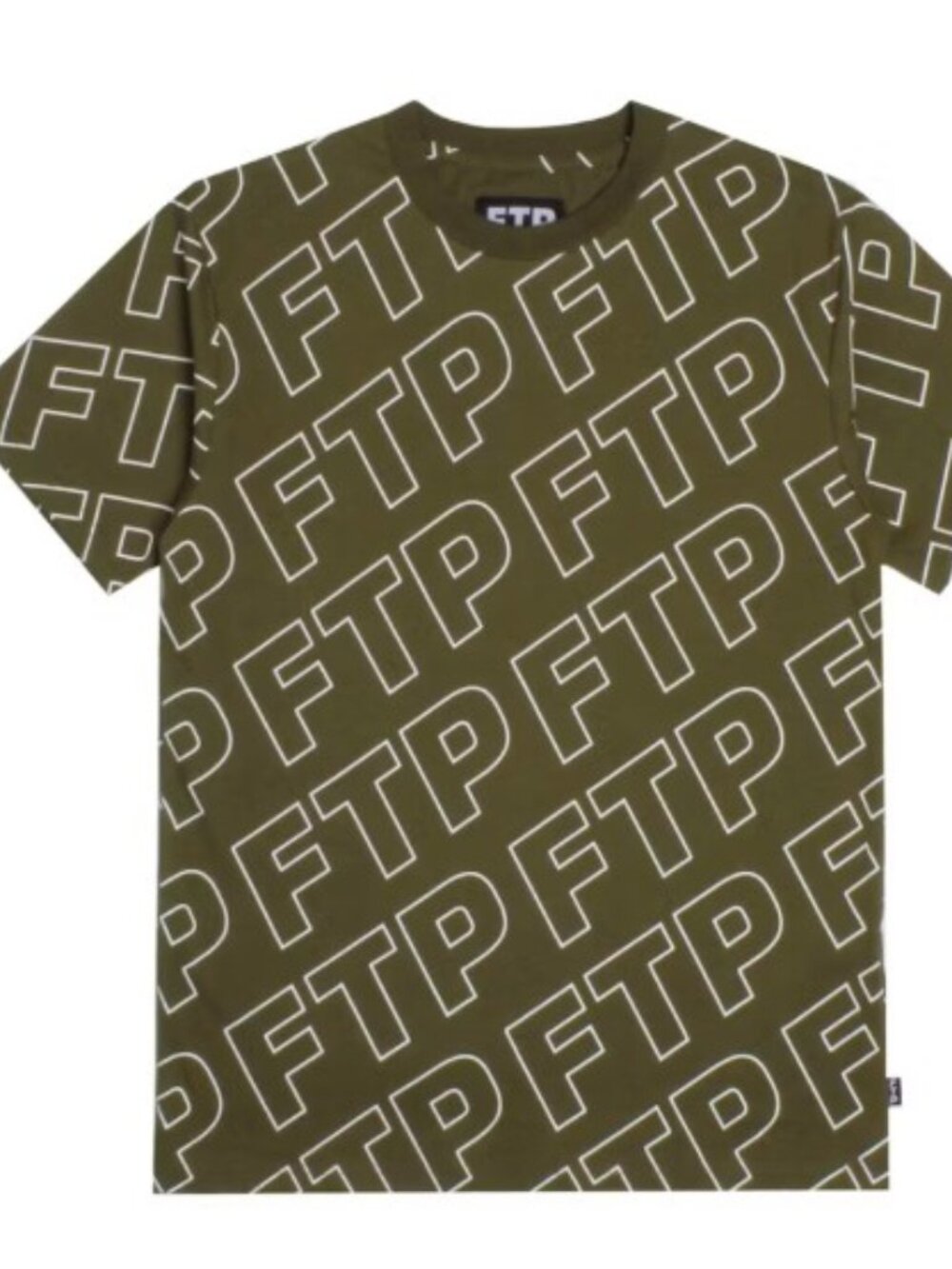 FTP Olive Green with White All Over Logo-Print Tee, Size L